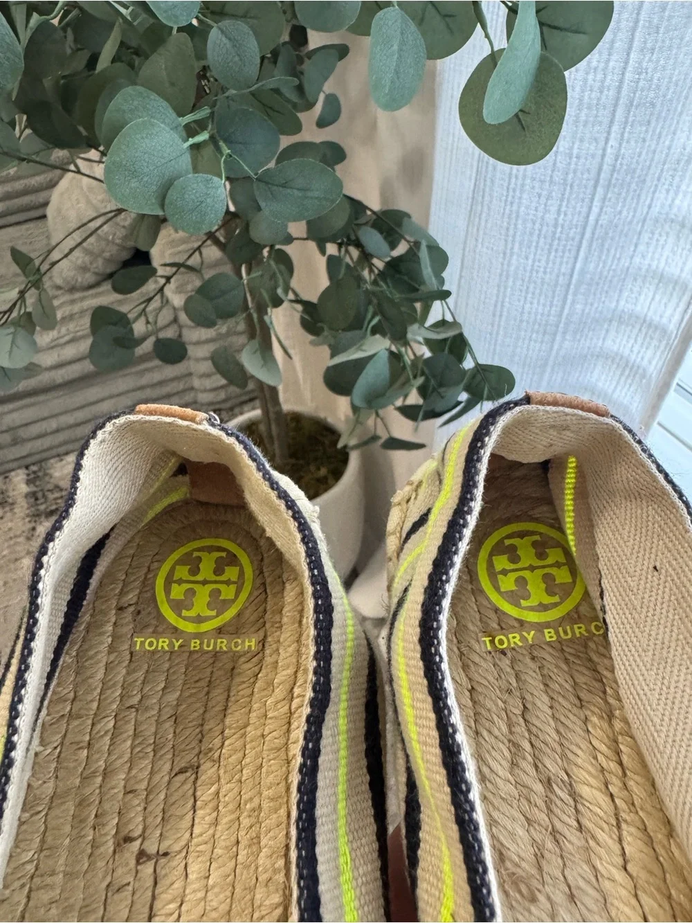 Tory Burch Neutral Canvas Espadrilles with Navy & Neon Yellow Accents
